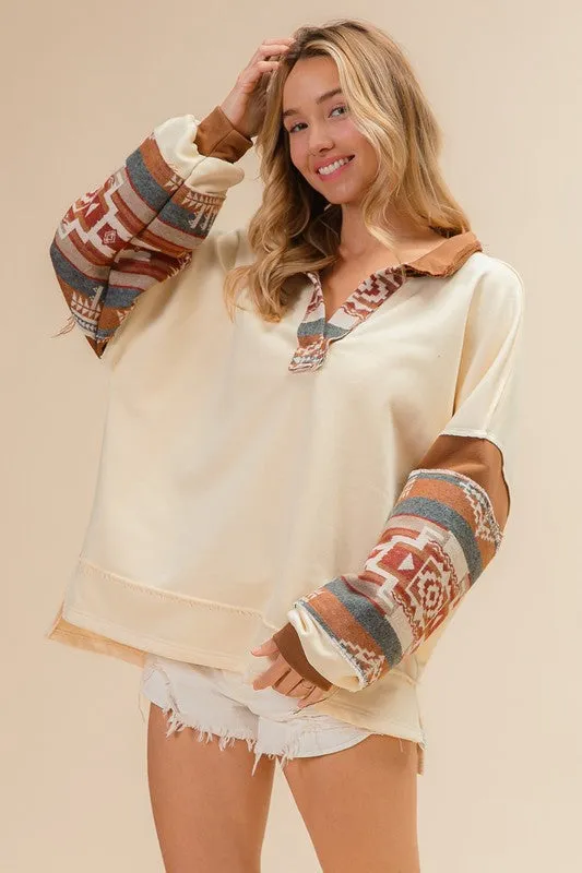 FRANCES FRENCH TERRY KNIT AND AZTEC PRINT MIXED TOP S-XL