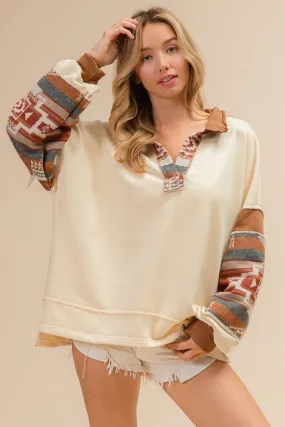 FRANCES FRENCH TERRY KNIT AND AZTEC PRINT MIXED TOP S-XL