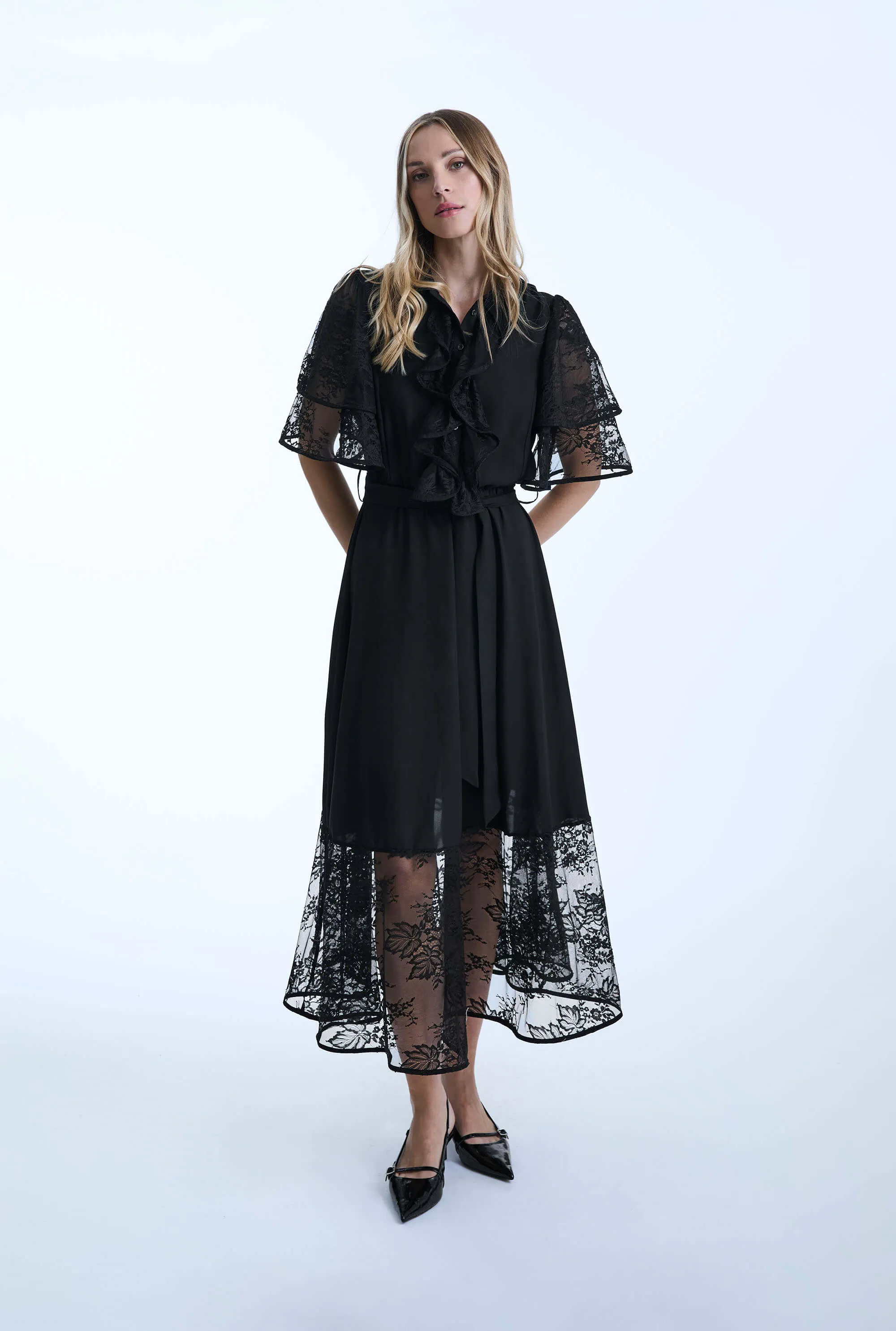 Front Lace Ruffle Midi Dress