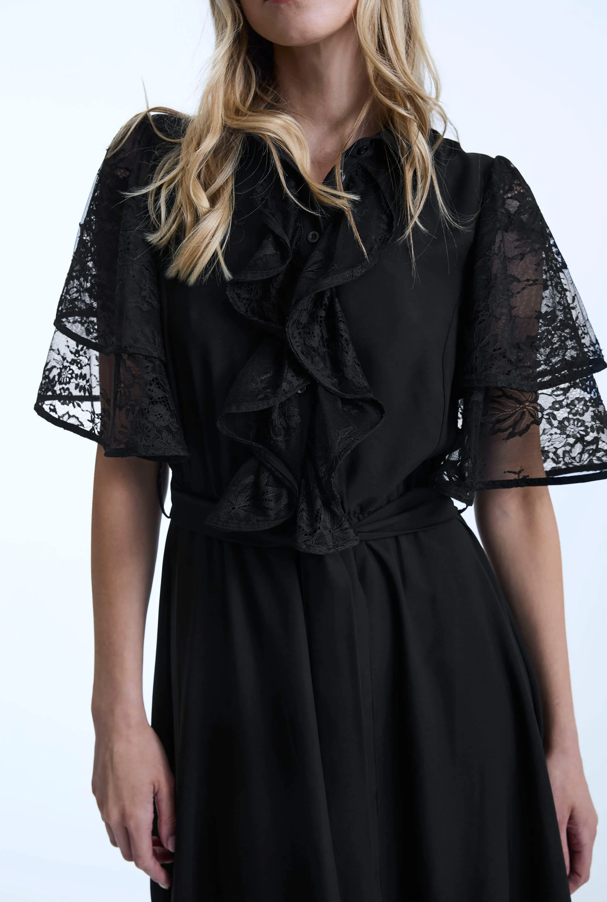 Front Lace Ruffle Midi Dress