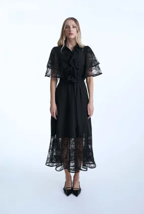 Front Lace Ruffle Midi Dress