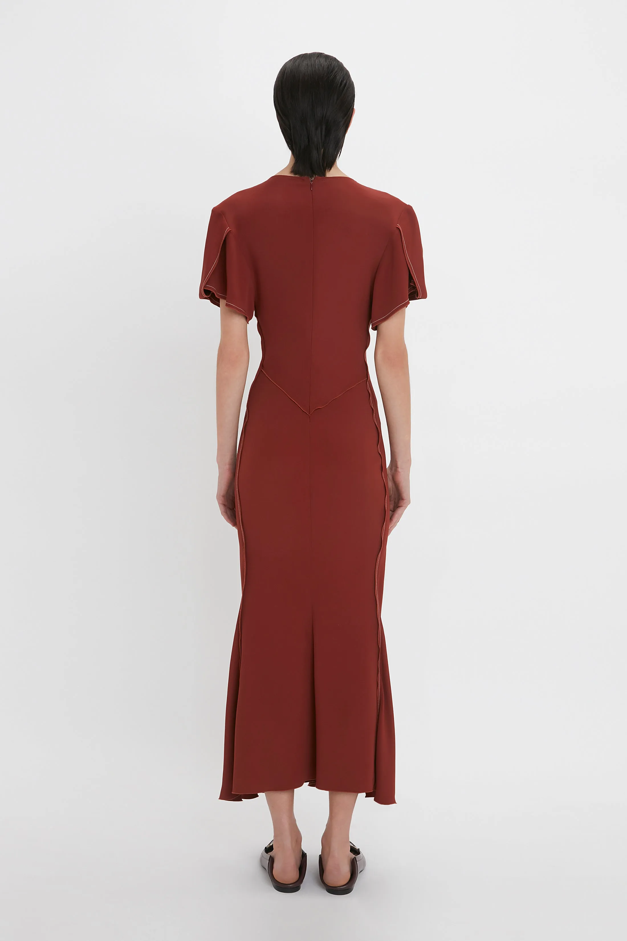 Gathered V-Neck Midi Dress In Russet