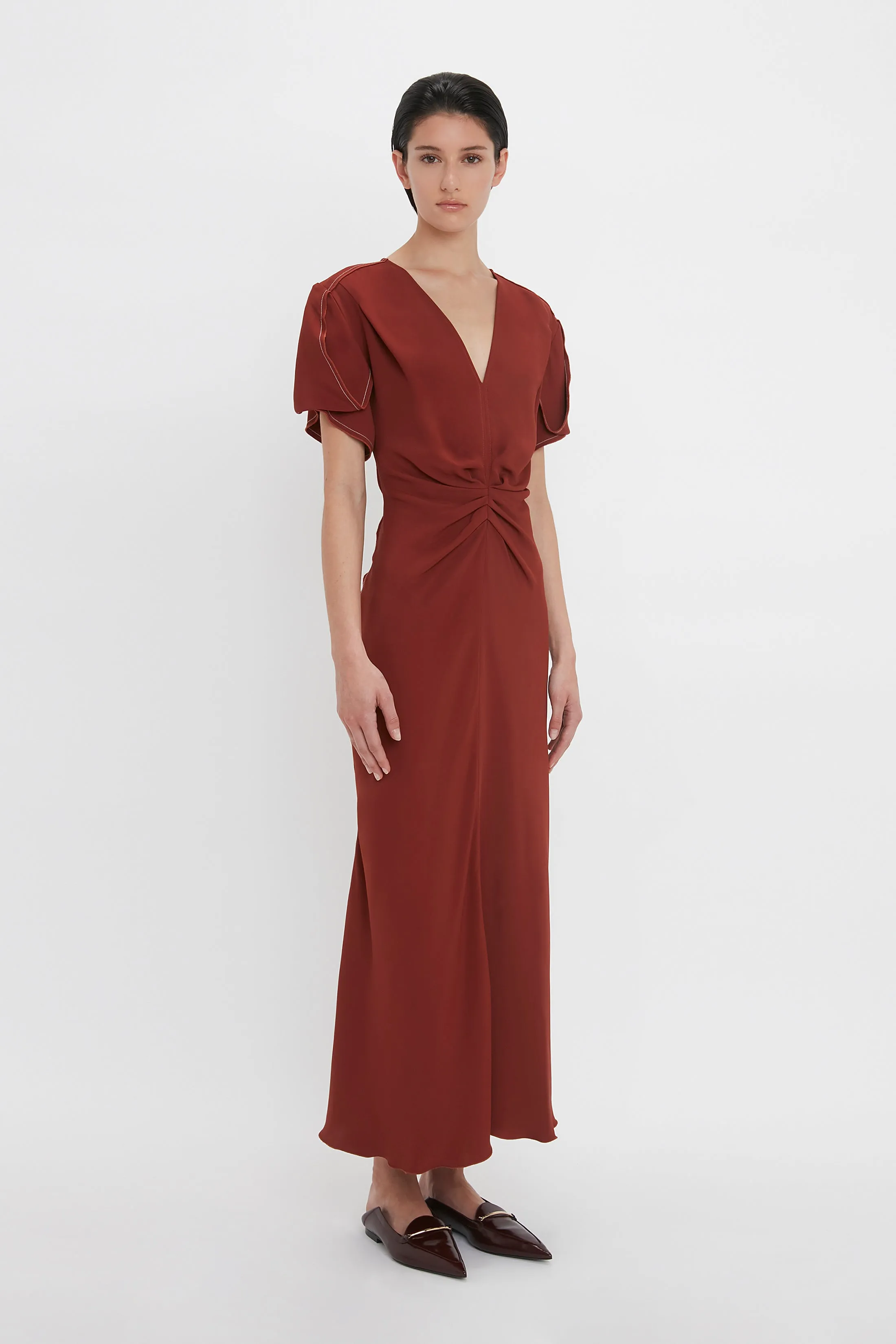 Gathered V-Neck Midi Dress In Russet