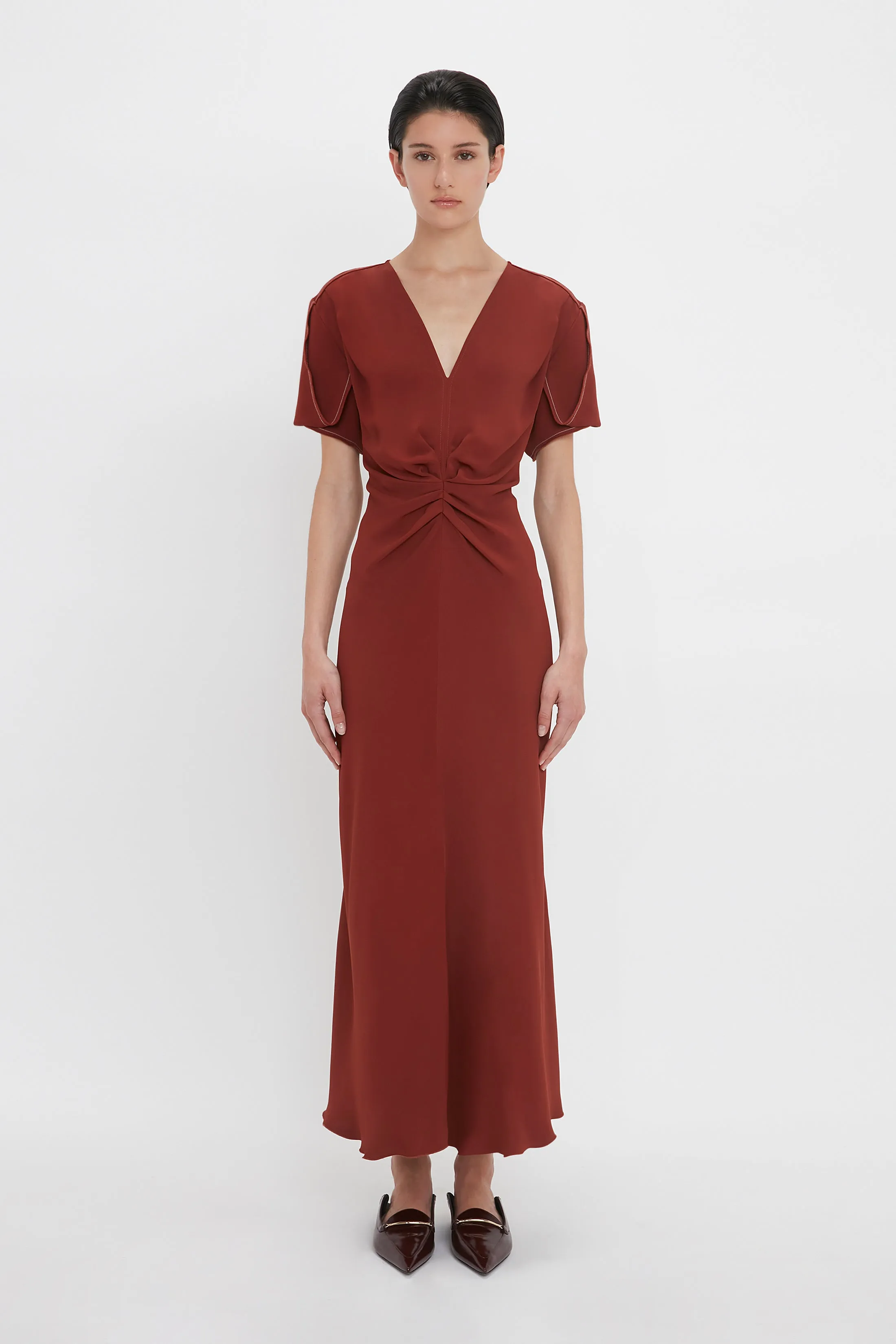 Gathered V-Neck Midi Dress In Russet