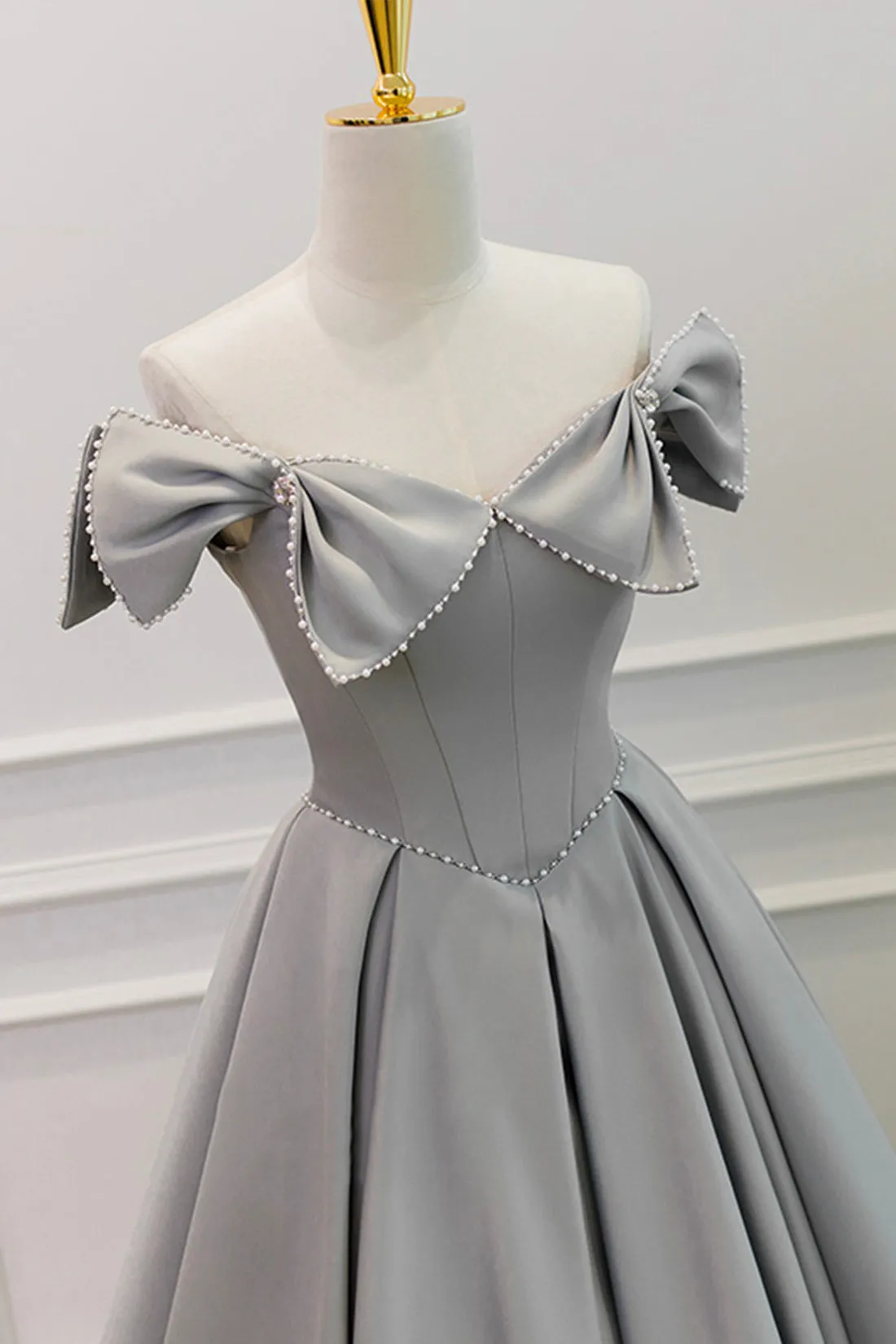 Gray Satin Floor Length Formal Dress with Pearls, Cute A-Line Prom Dress