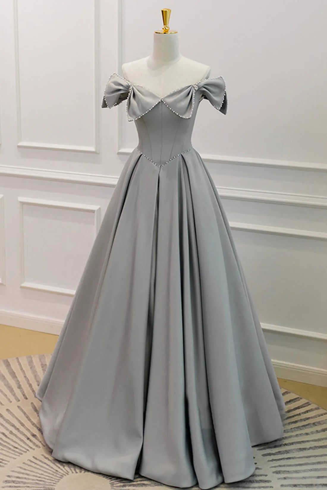 Gray Satin Floor Length Formal Dress with Pearls, Cute A-Line Prom Dress