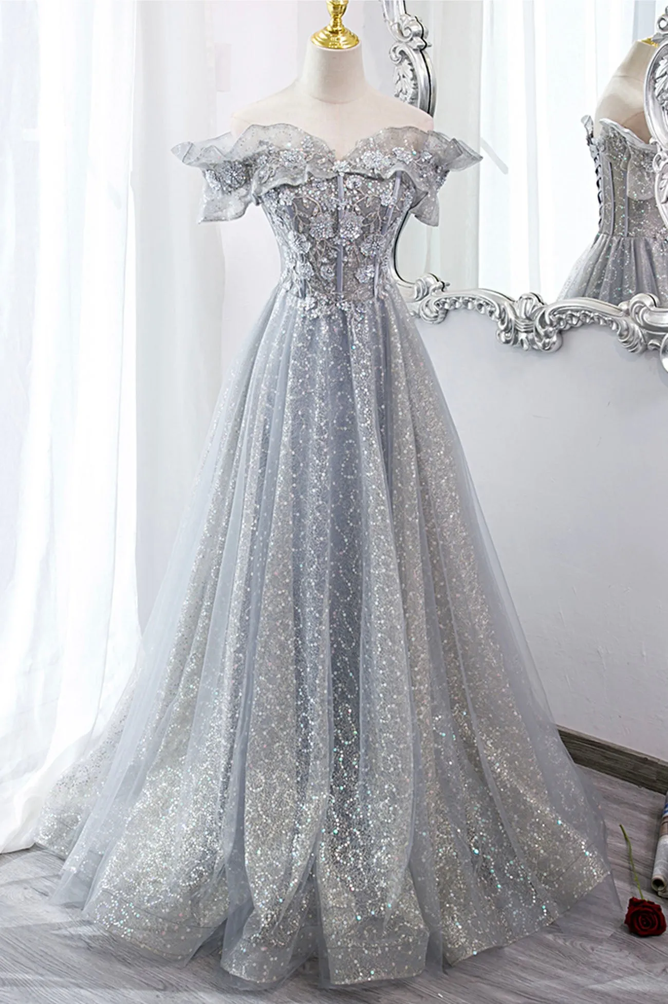 Gray Tulle Lace Long Prom Dresses, A-Line Sequins Evening Dresses