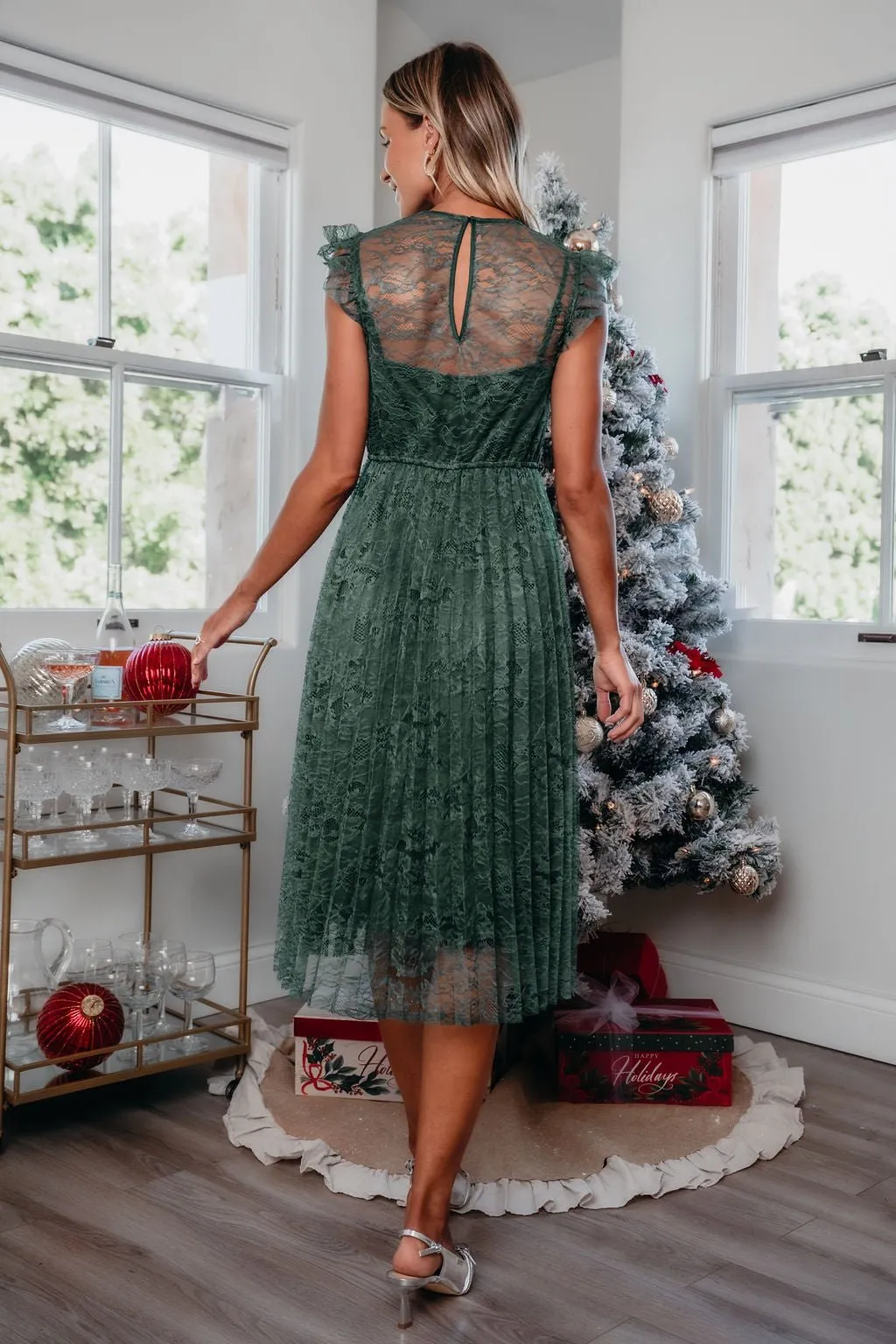 Green Floral Lace Pleated Midi Dress - FINAL SALE