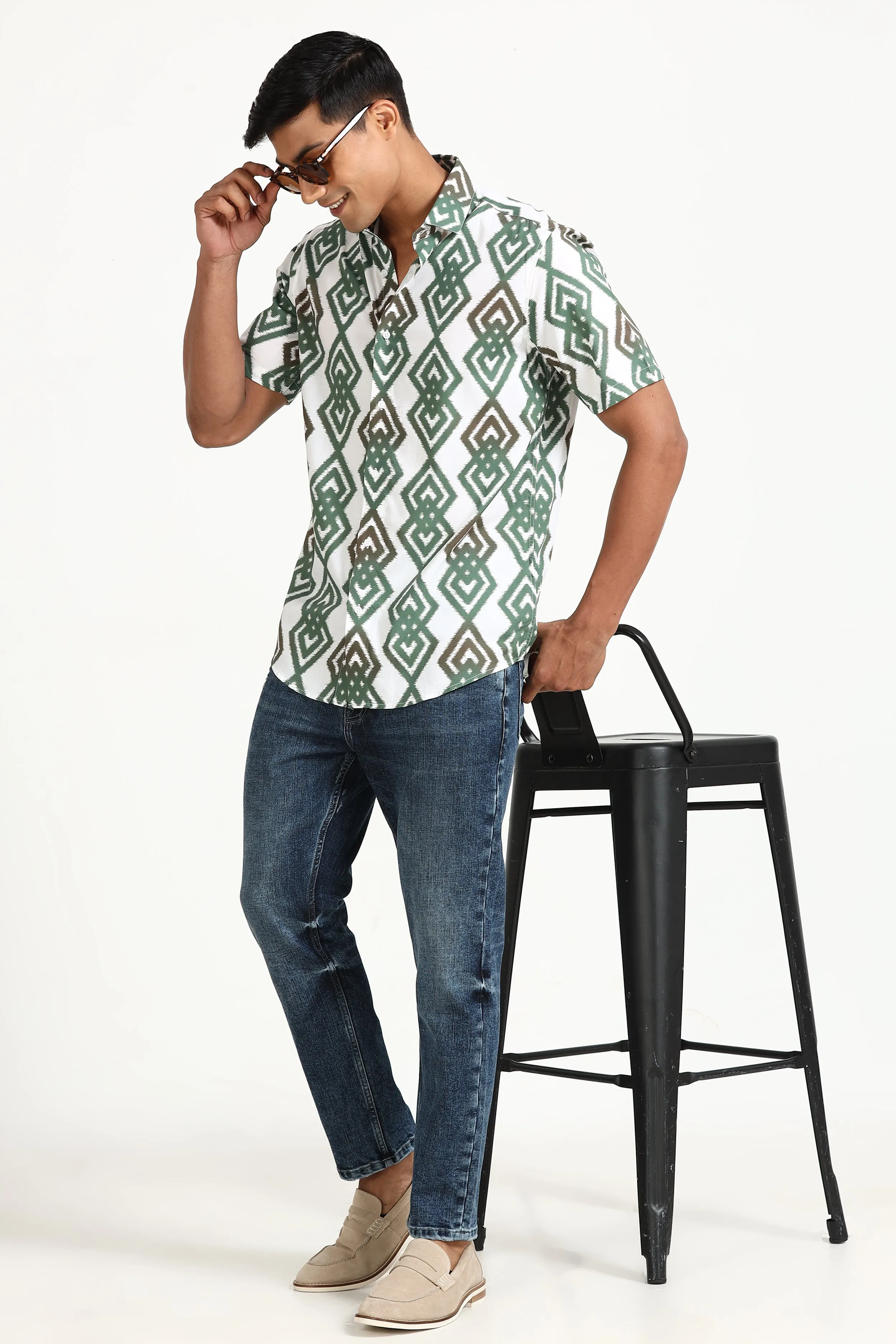 Green Geo Half Sleeve Print Shirt