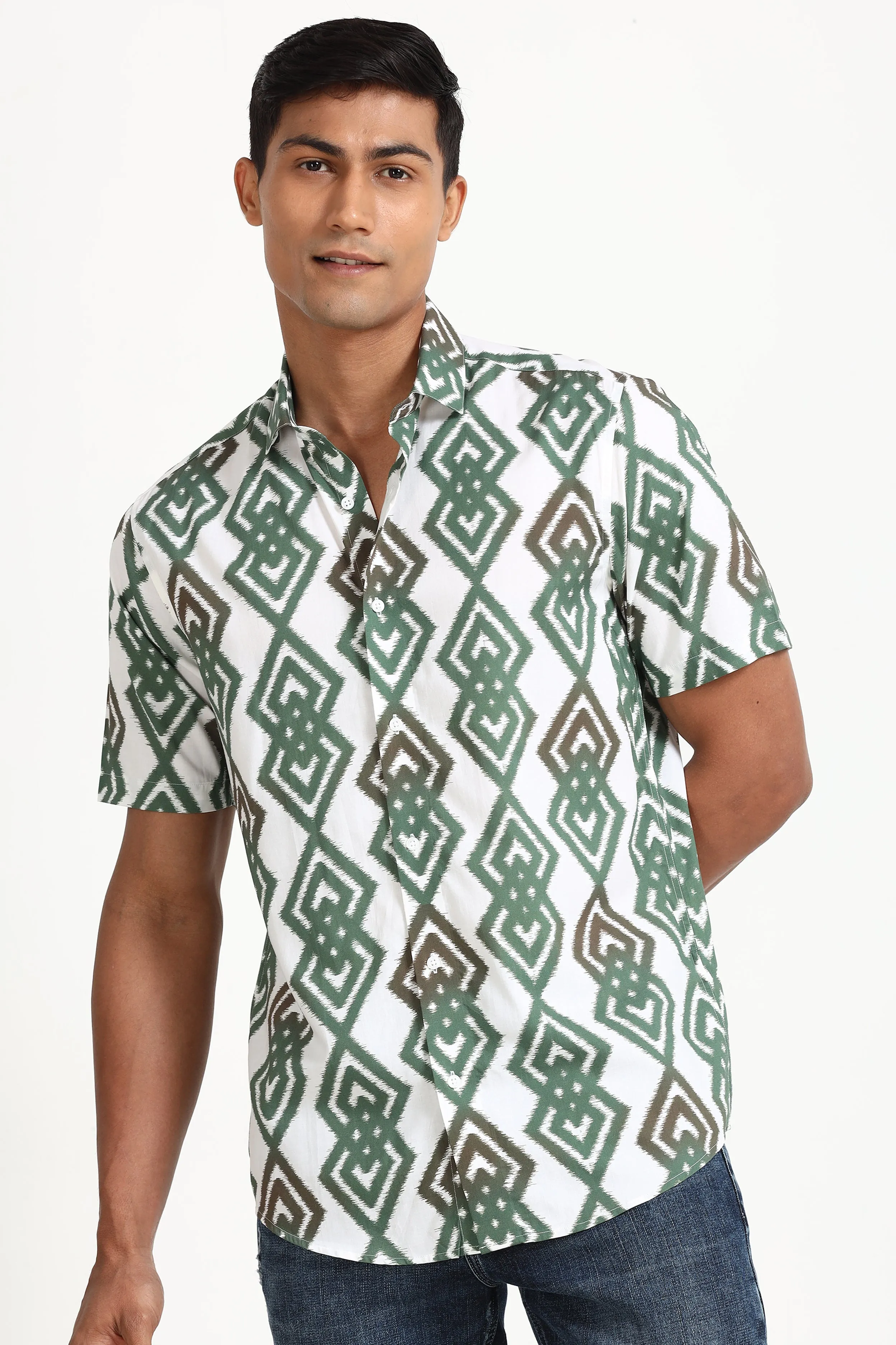 Green Geo Half Sleeve Print Shirt