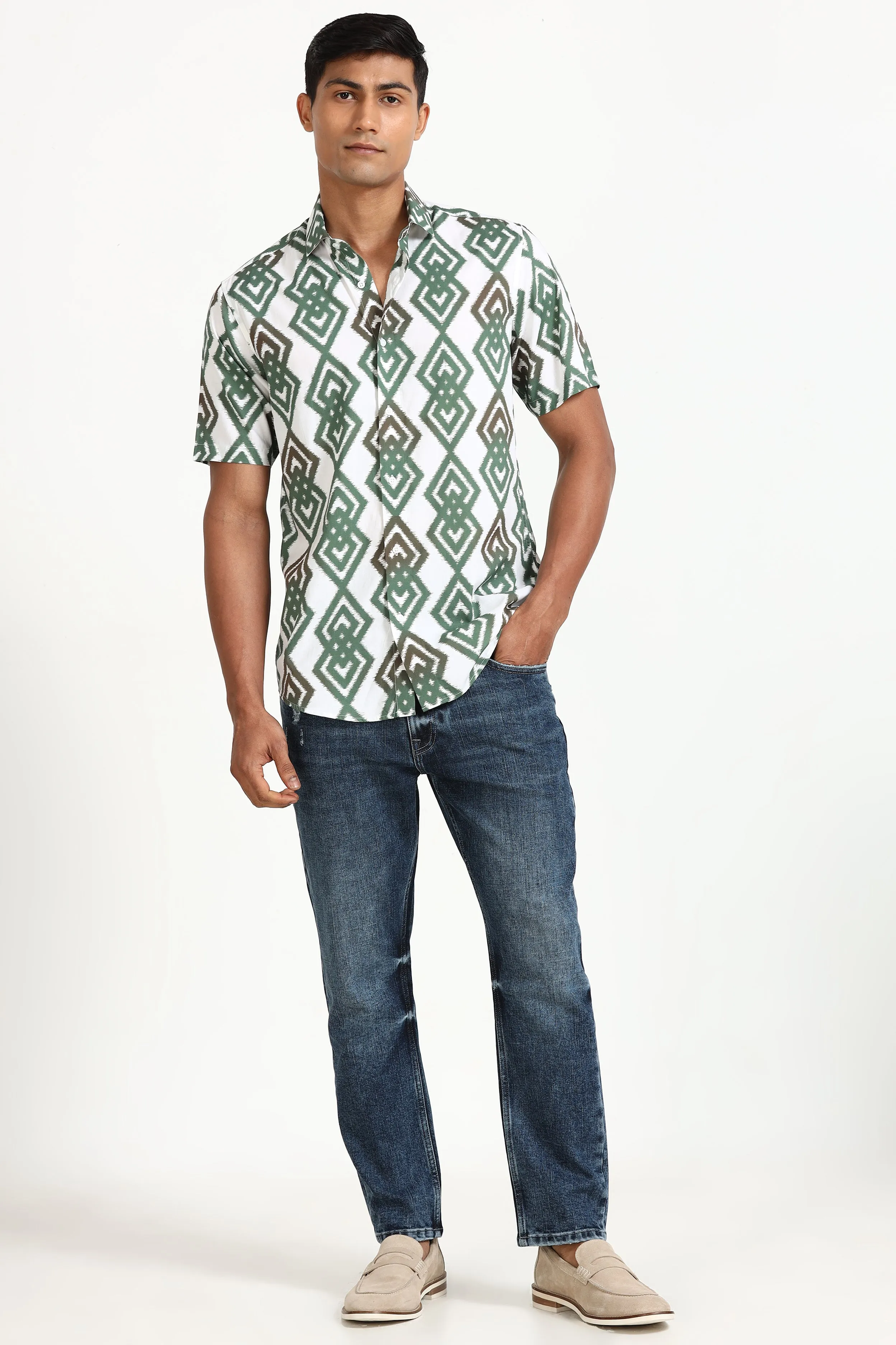 Green Geo Half Sleeve Print Shirt