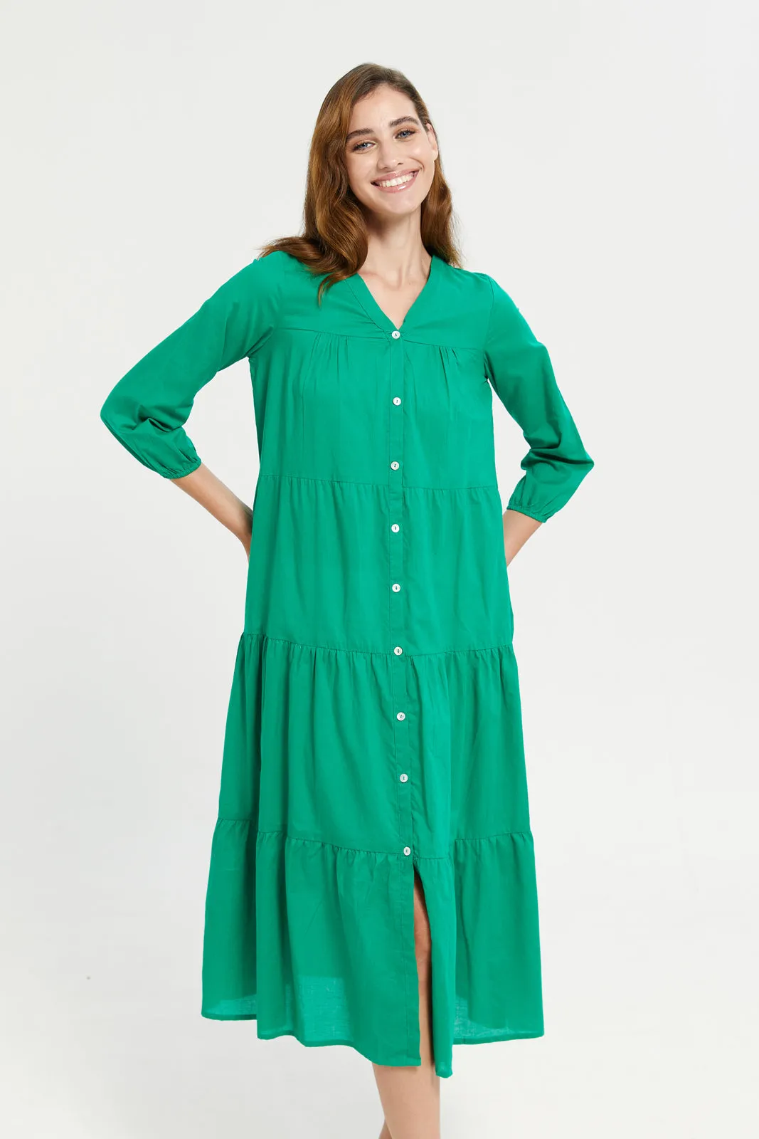 Green Solid Tier Body Nightgown