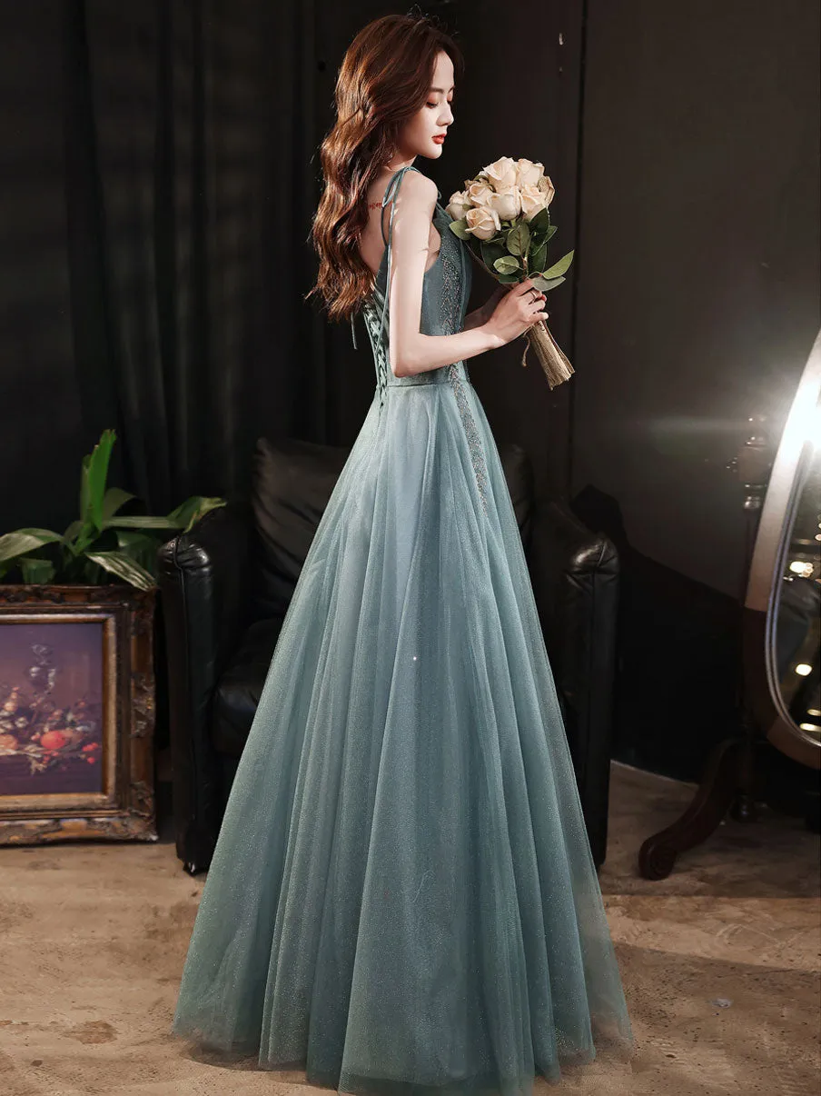 Green Tulle Sequin Long Prom Dress, Green Evening Dress