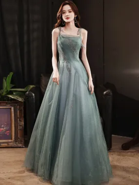 Green Tulle Sequin Long Prom Dress, Green Evening Dress