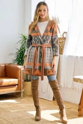 Grey and Orange Aztec Pattern Hooded Cardigan with Waist Belt