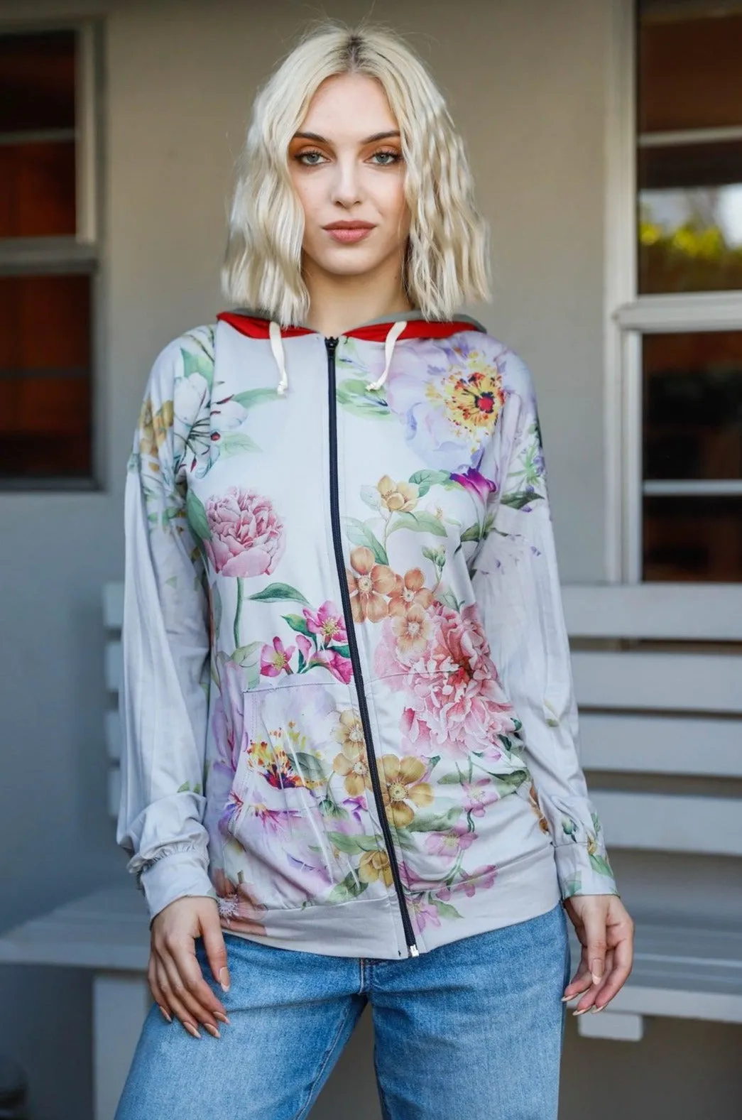 Grey Pink Flower Print Double Hoodie Sweatshirt