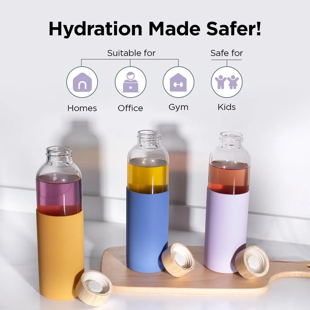 Heart Home Water Bottle | Glass Bottle | Sleeve Protection Bottle | Bamboo Lid Water Bottle | Travel Round Bottle | XB5501-PURP | 550 ML | Set of 6 | Purple