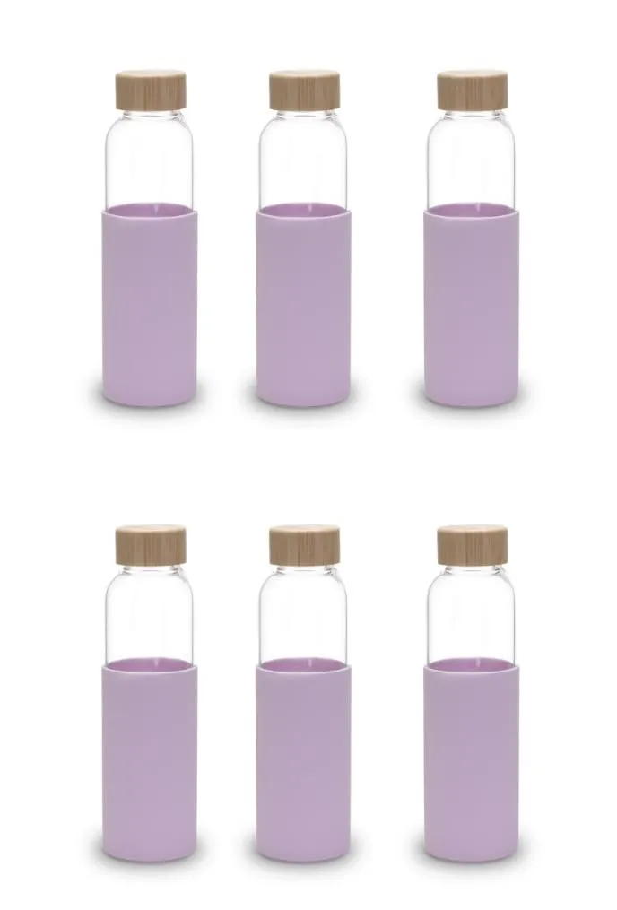 Heart Home Water Bottle | Glass Bottle | Sleeve Protection Bottle | Bamboo Lid Water Bottle | Travel Round Bottle | XB5501-PURP | 550 ML | Set of 6 | Purple