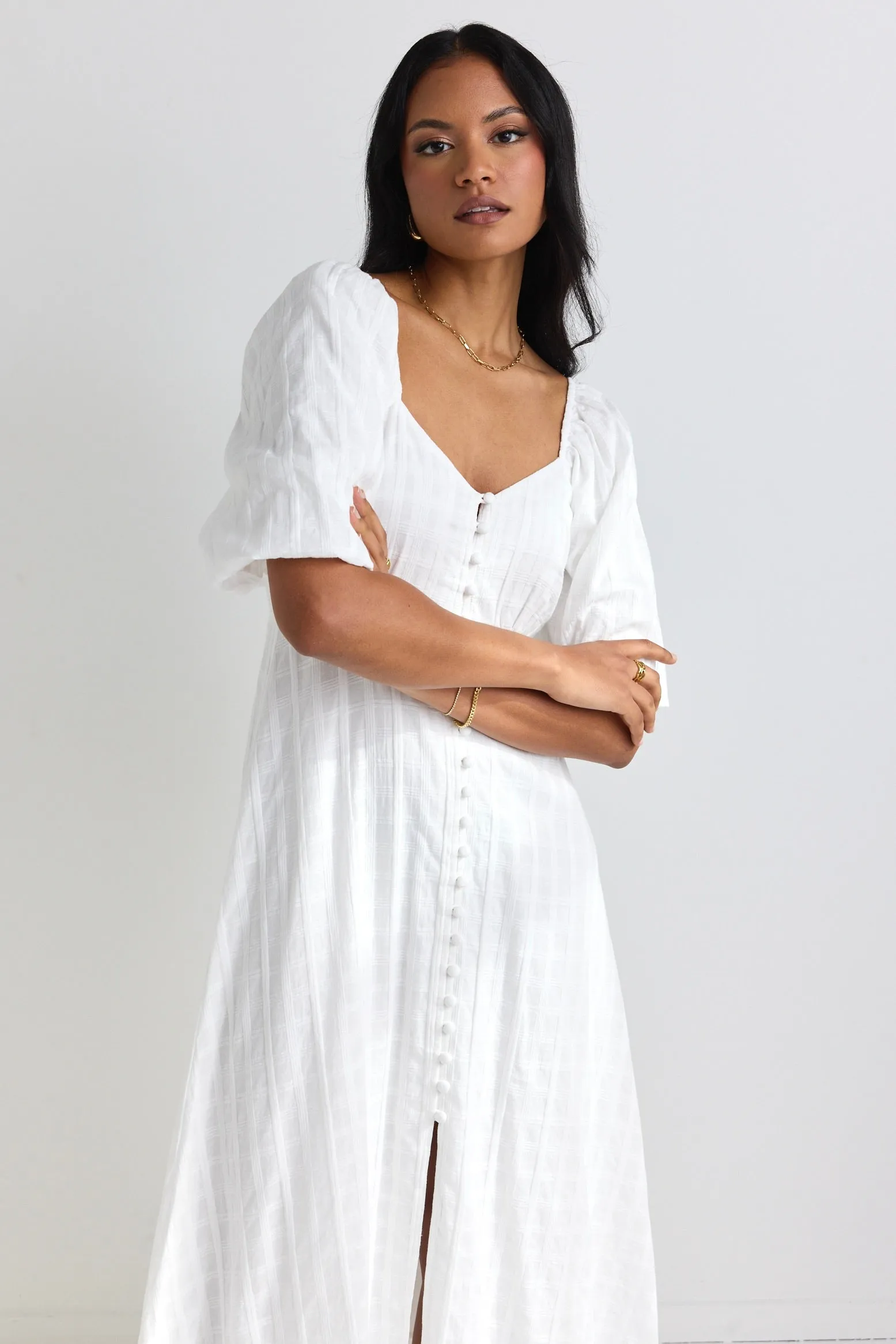 Heartfelt Ivory Check SS Button Front Midi Dress