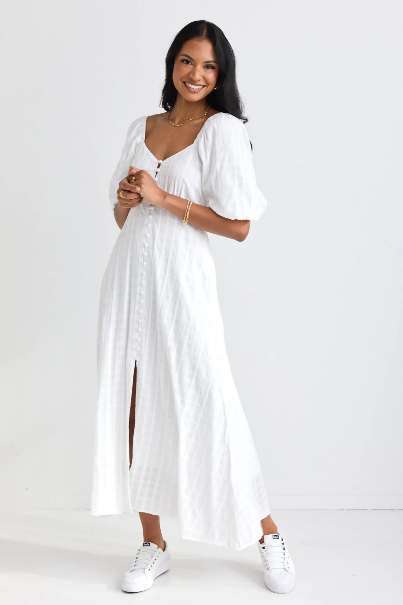 Heartfelt Ivory Check SS Button Front Midi Dress