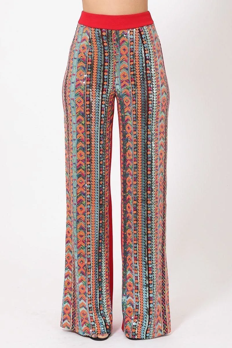 High Waist Colorful Sequins Pattern Pants