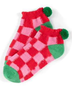 Holiday Cozy Pom Pom Socks - Checkered