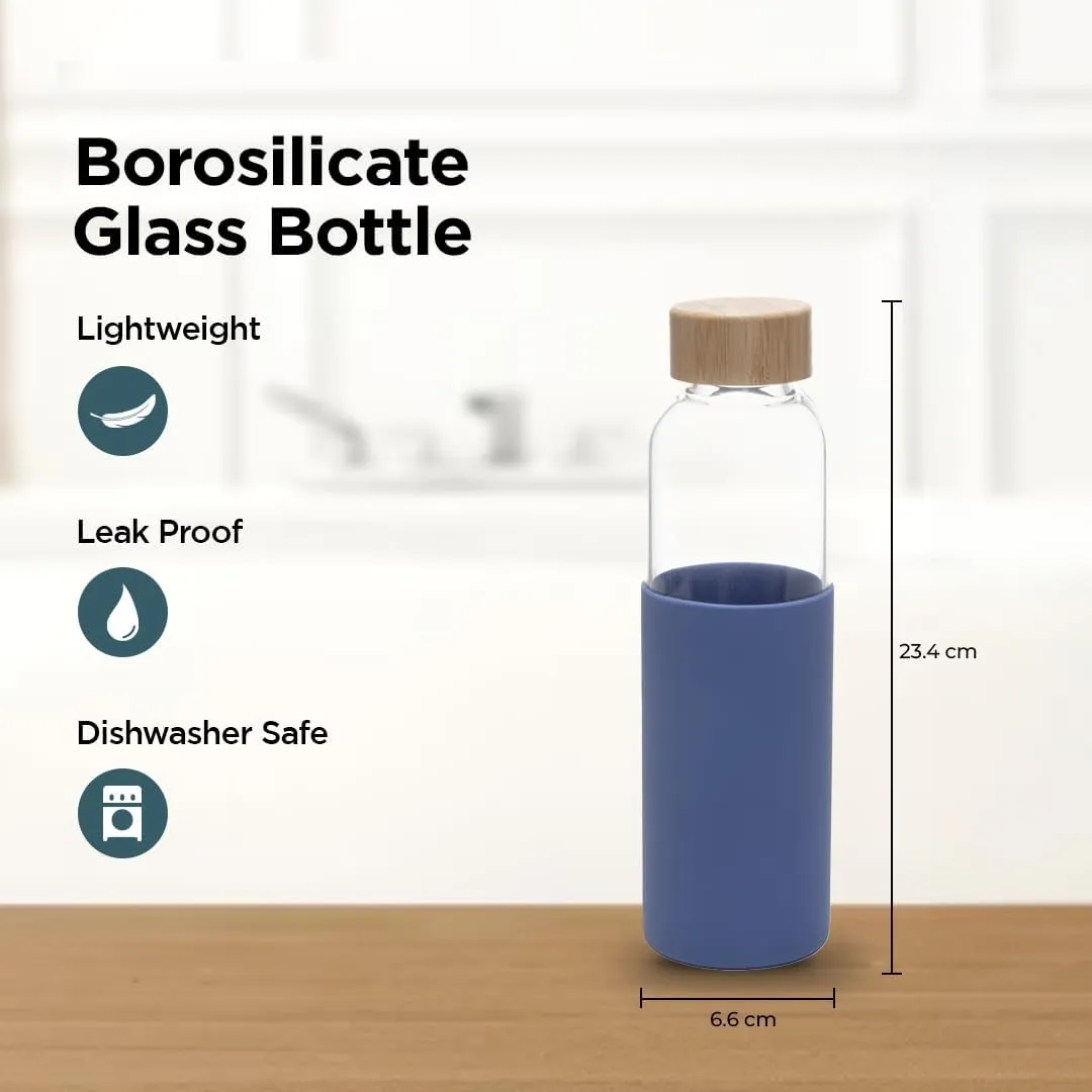 Homestic Water Bottle | Glass Bottle | Sleeve Protection Bottle | Bamboo Lid Water Bottle | Travel Round Bottle | 550 ML | Set of 3 | Blue