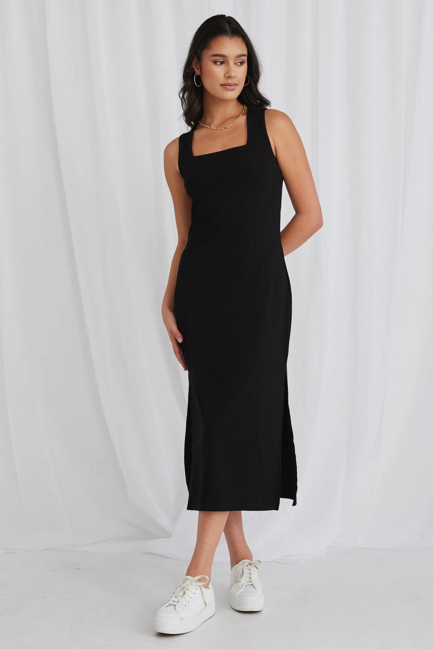 Idol Black Rib Square Neck Dress