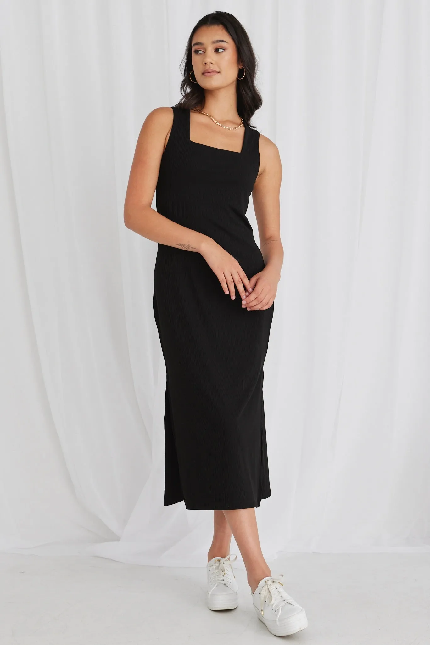 Idol Black Rib Square Neck Dress