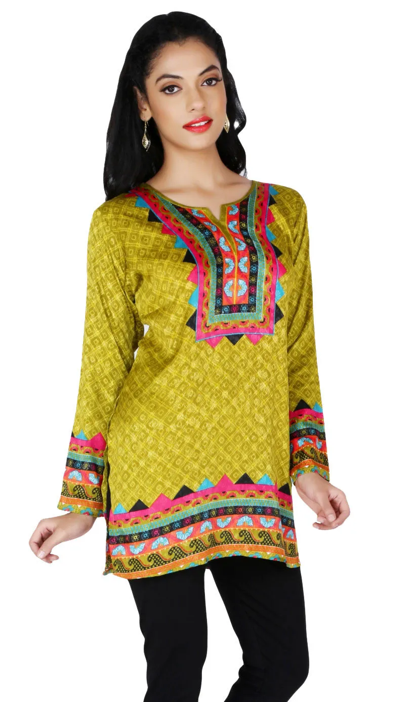 India Long Tunic Top Kurti Womens Printed Indian Apparel (Green)