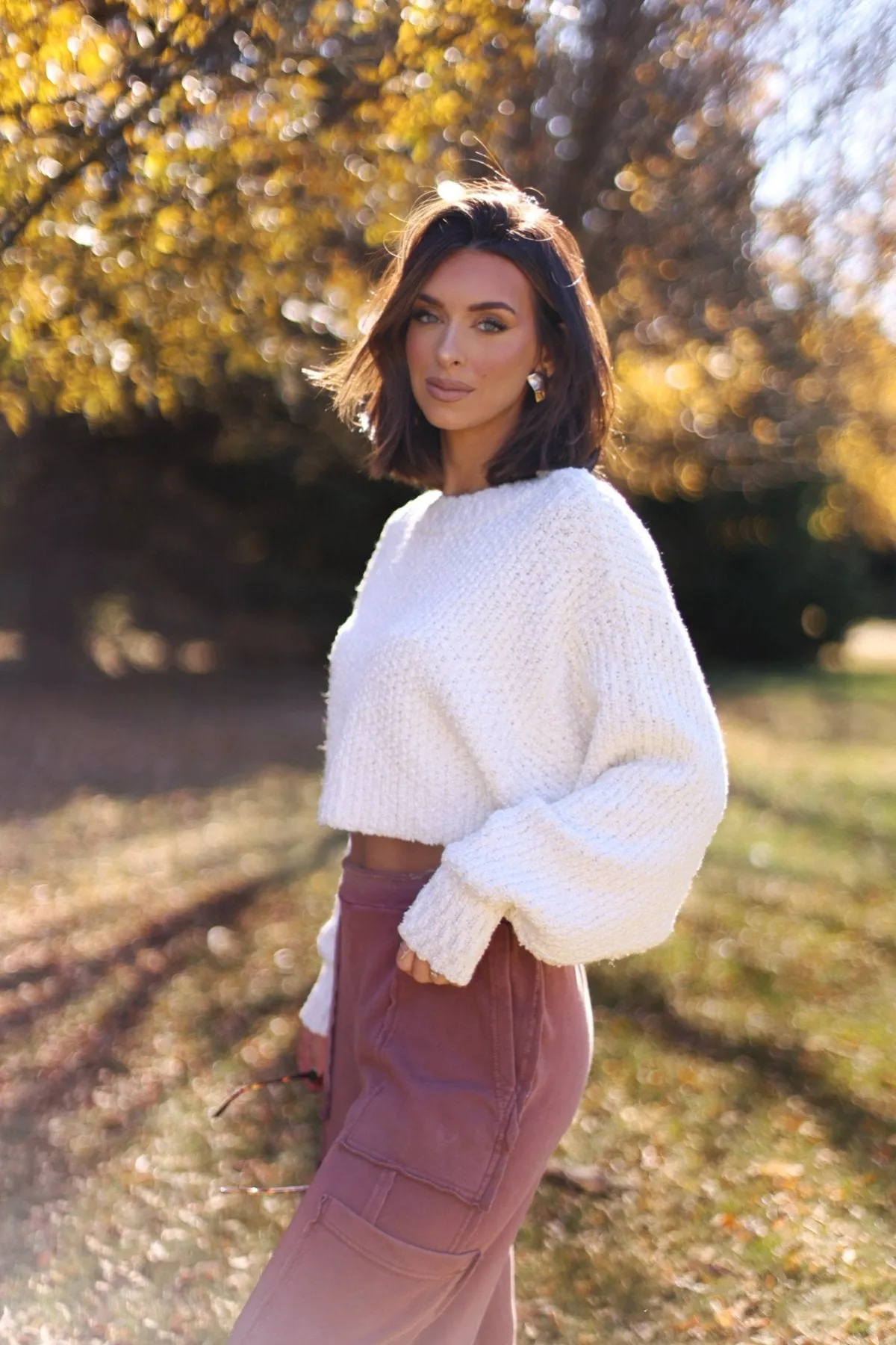 Ivory Popcorn Knit Cropped Sweater