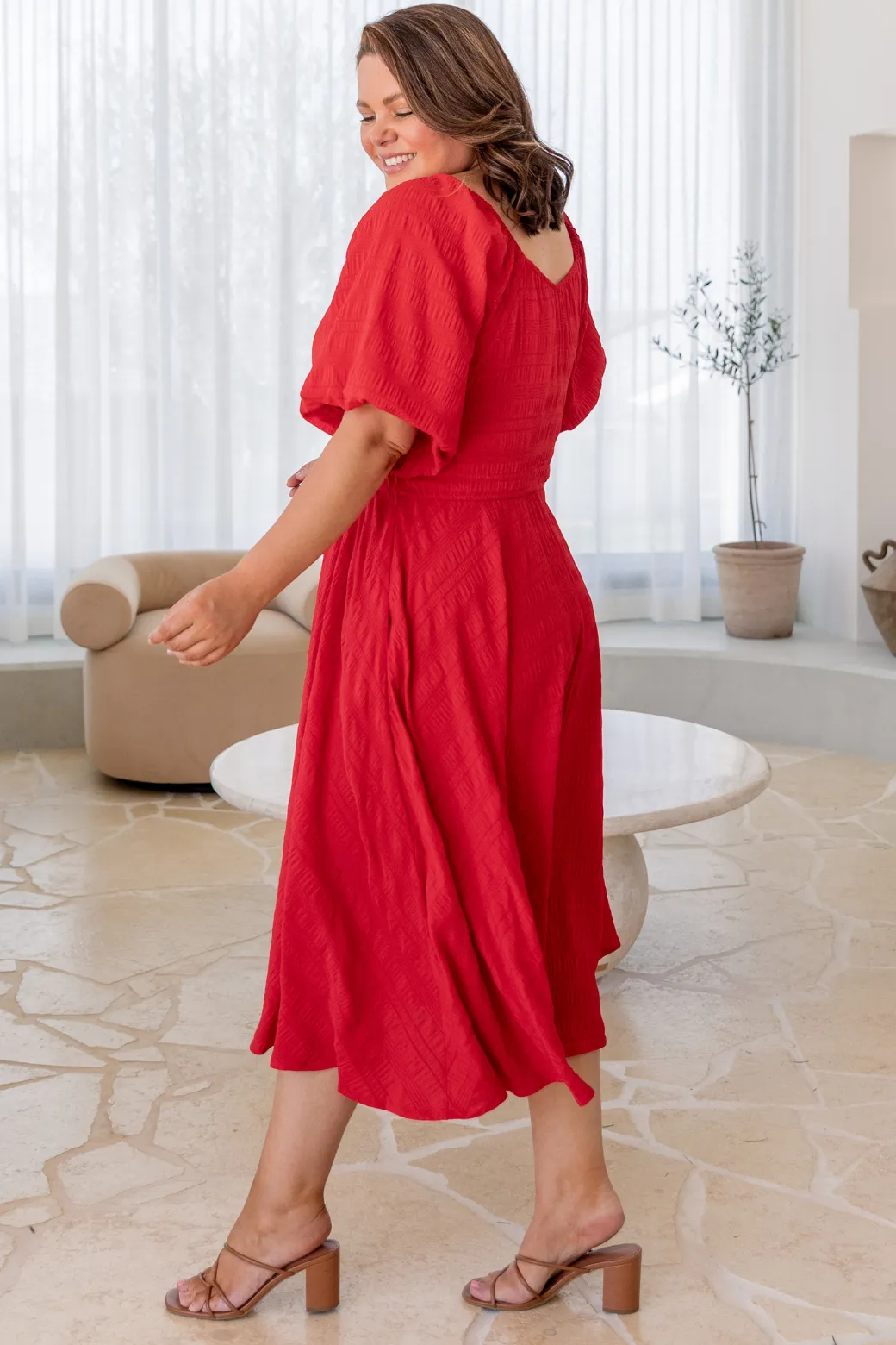 Jade V-Neck Puff Sleeve Midi Dress Red