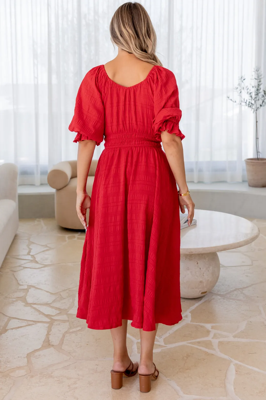 Jade V-Neck Puff Sleeve Midi Dress Red