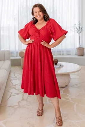 Jade V-Neck Puff Sleeve Midi Dress Red