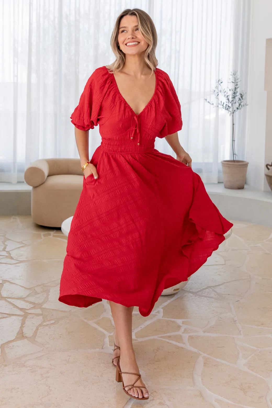 Jade V-Neck Puff Sleeve Midi Dress Red