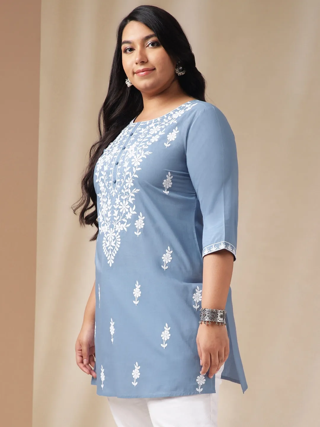 Janasya Blue Chikankari Cotton Tunic