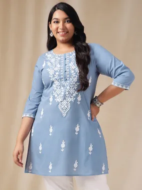 Janasya Blue Chikankari Cotton Tunic