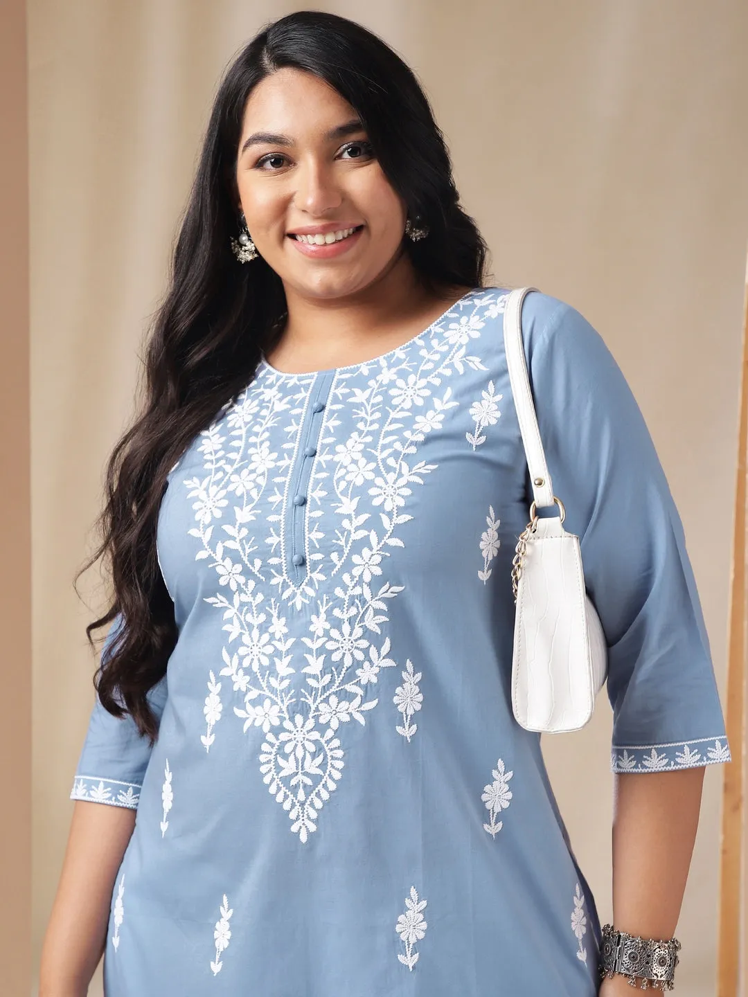 Janasya Blue Chikankari Cotton Tunic