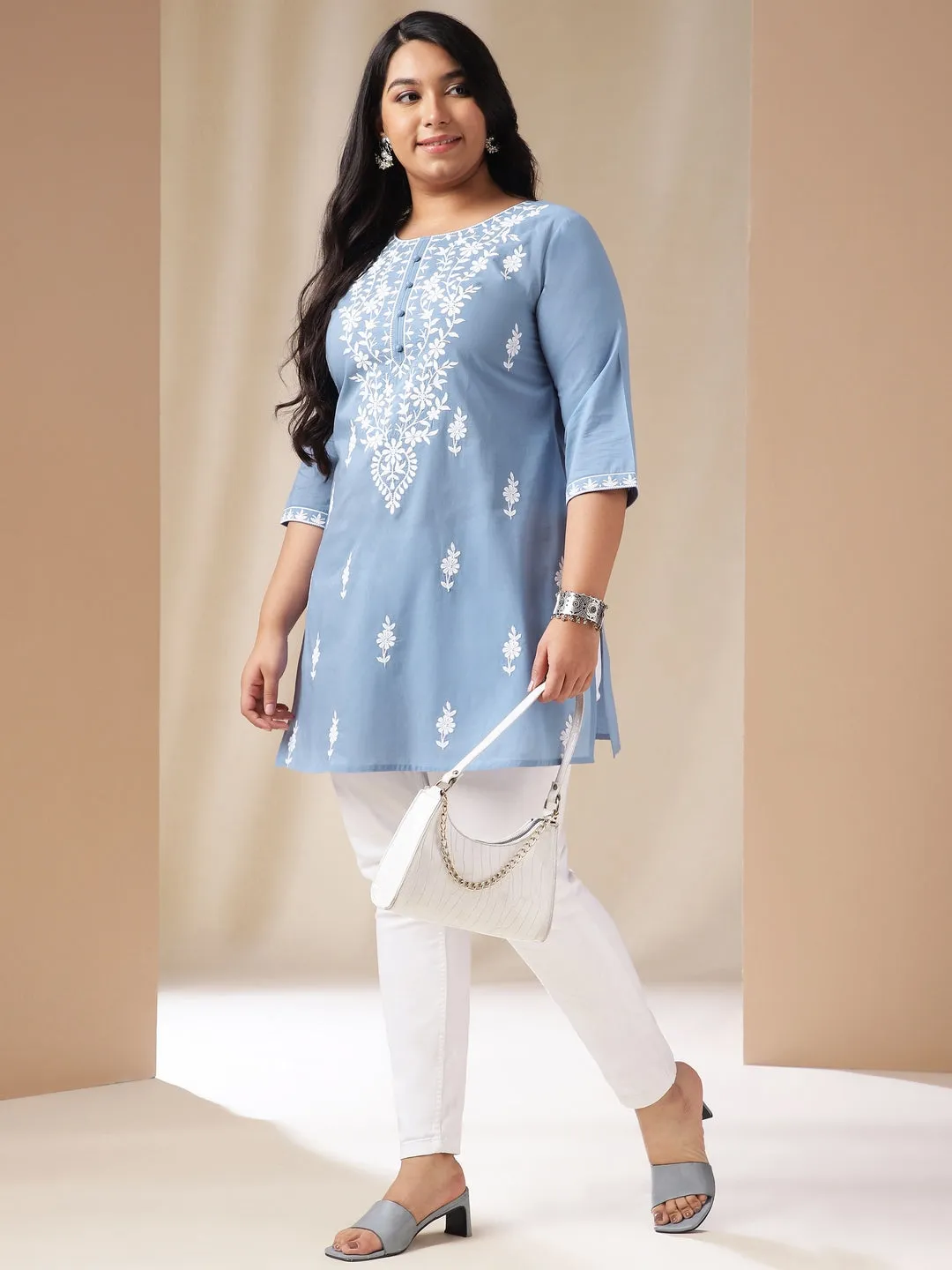 Janasya Blue Chikankari Cotton Tunic