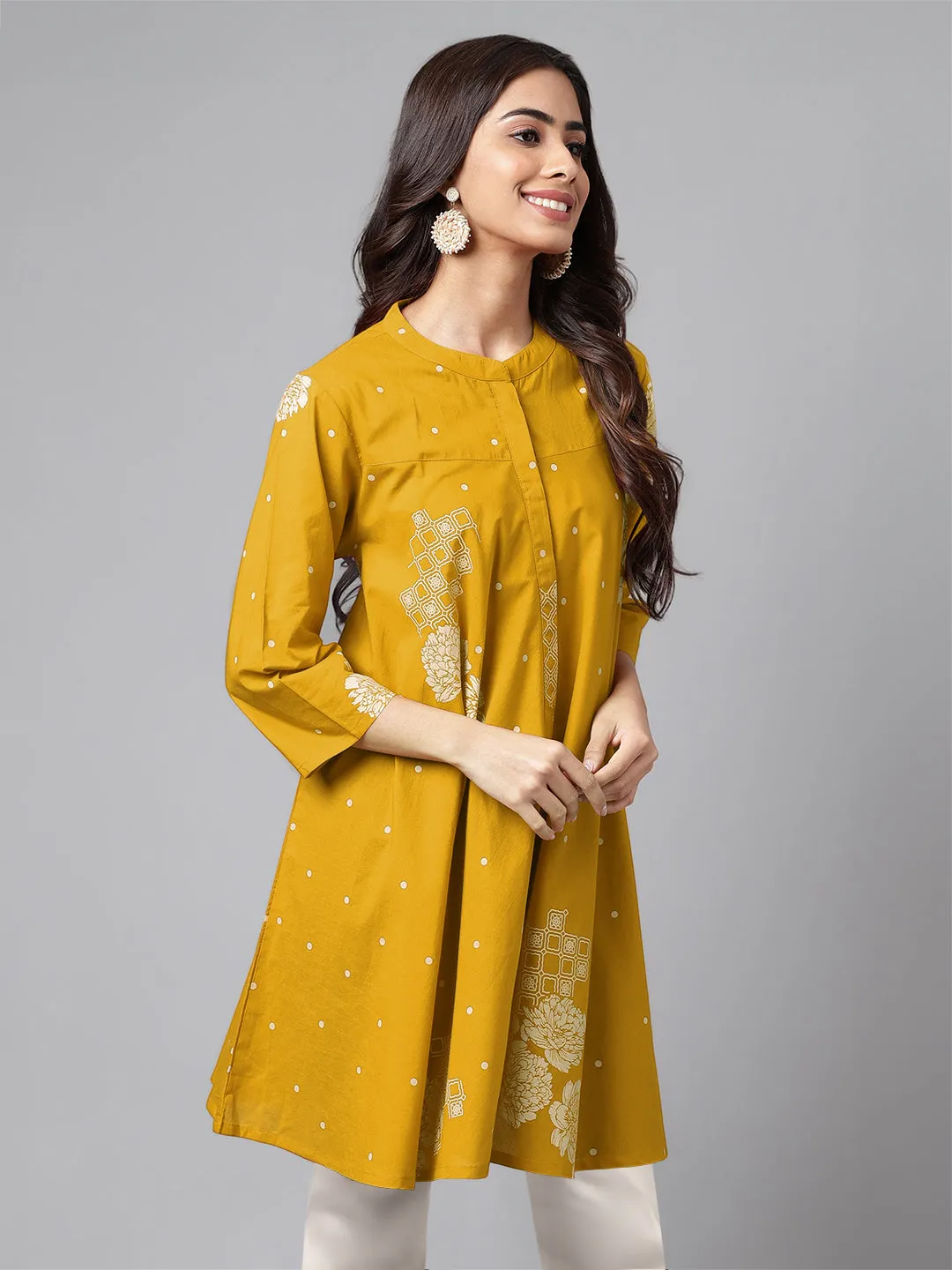 Janasya Mustard Floral Printed Cotton Tunic