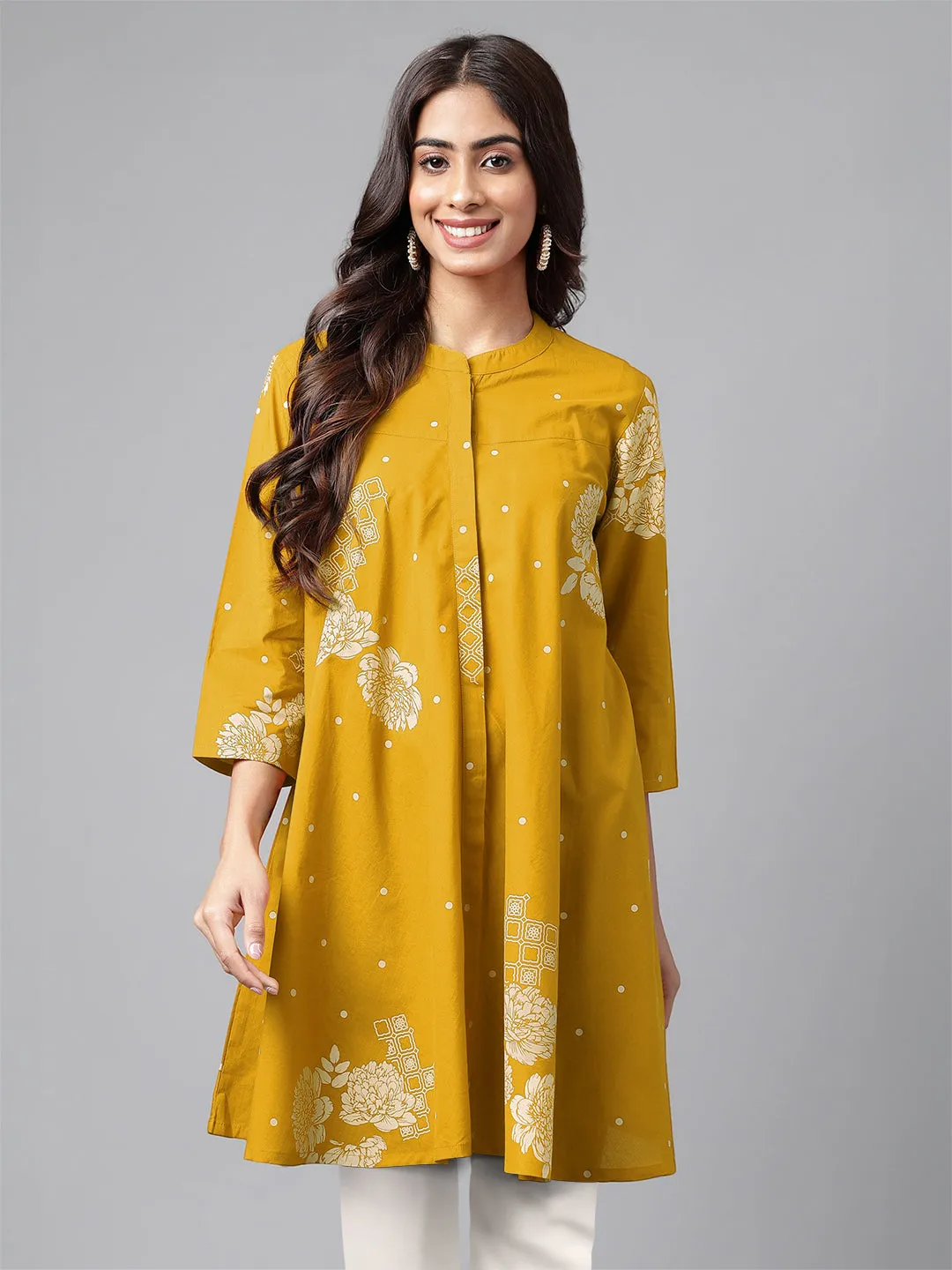 Janasya Mustard Floral Printed Cotton Tunic