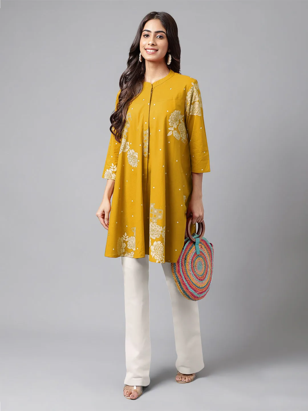 Janasya Mustard Floral Printed Cotton Tunic