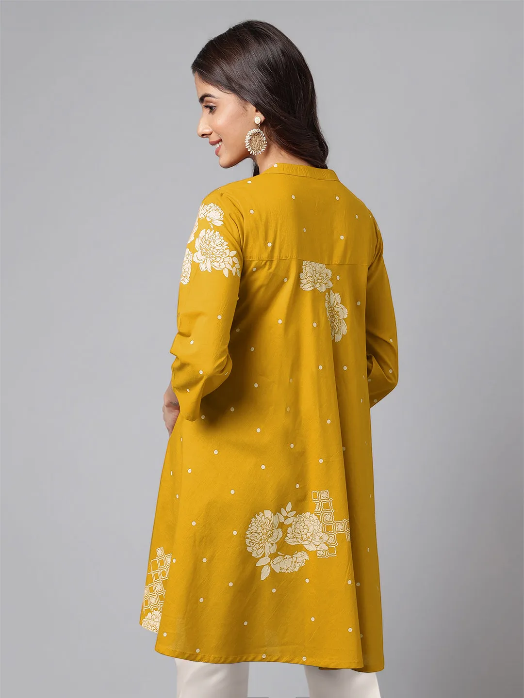 Janasya Mustard Floral Printed Cotton Tunic