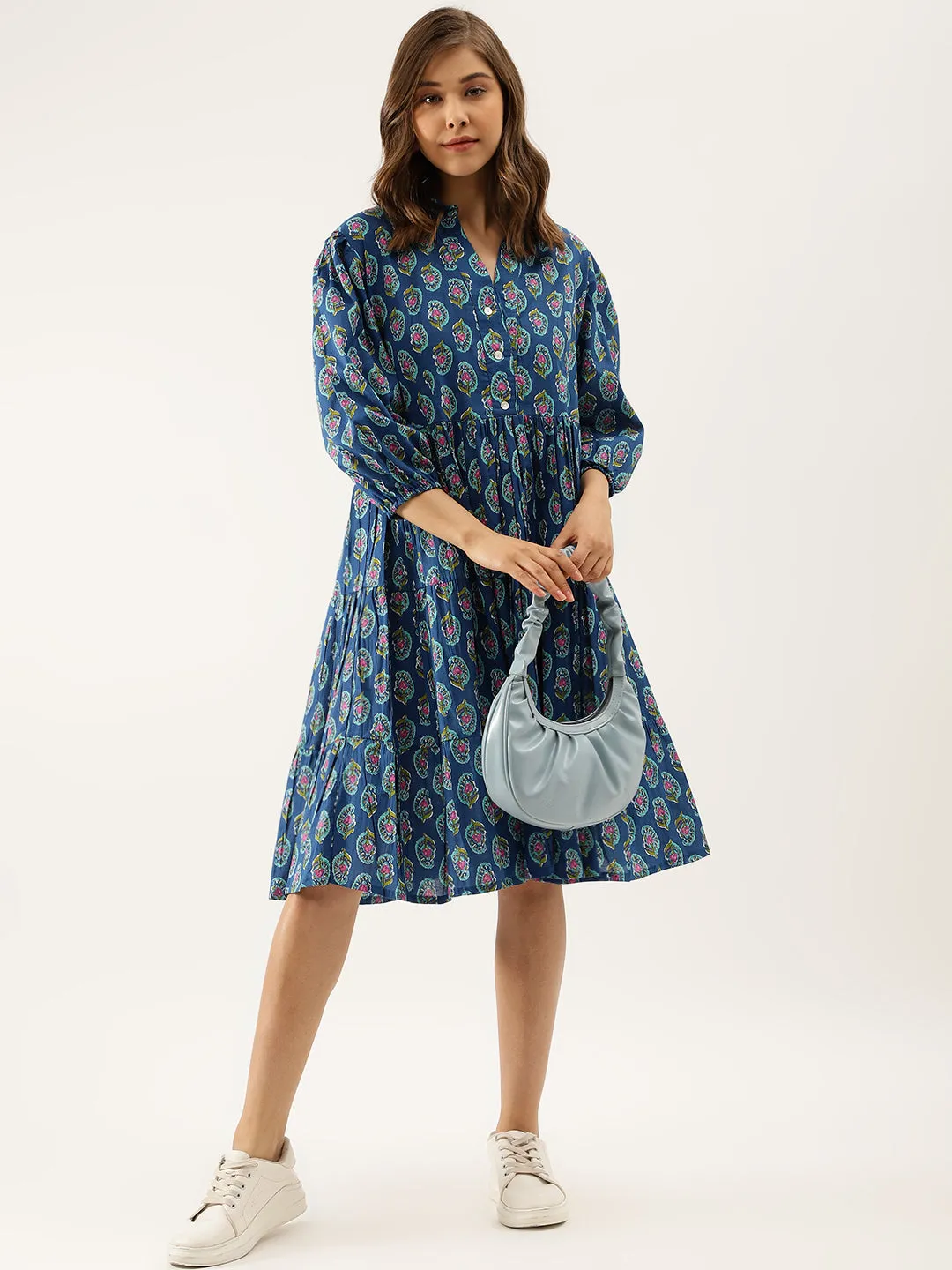 Jashvi Blue Paisley Printed Cotton Dress for Women