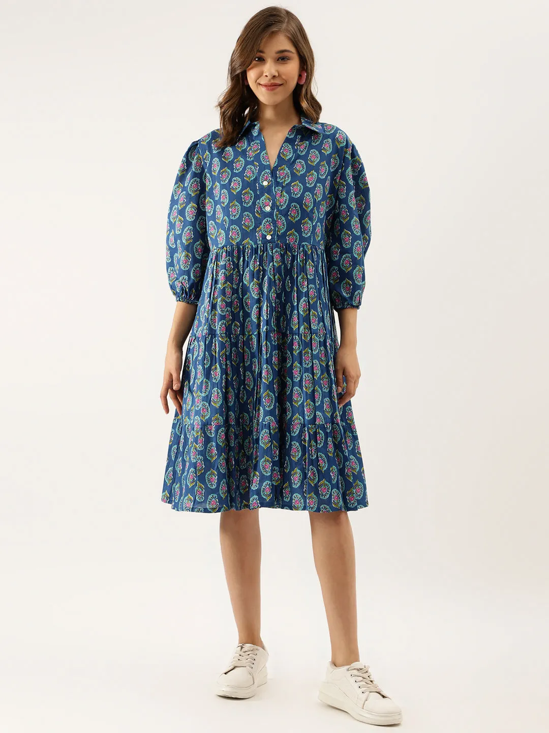 Jashvi Blue Paisley Printed Cotton Dress for Women