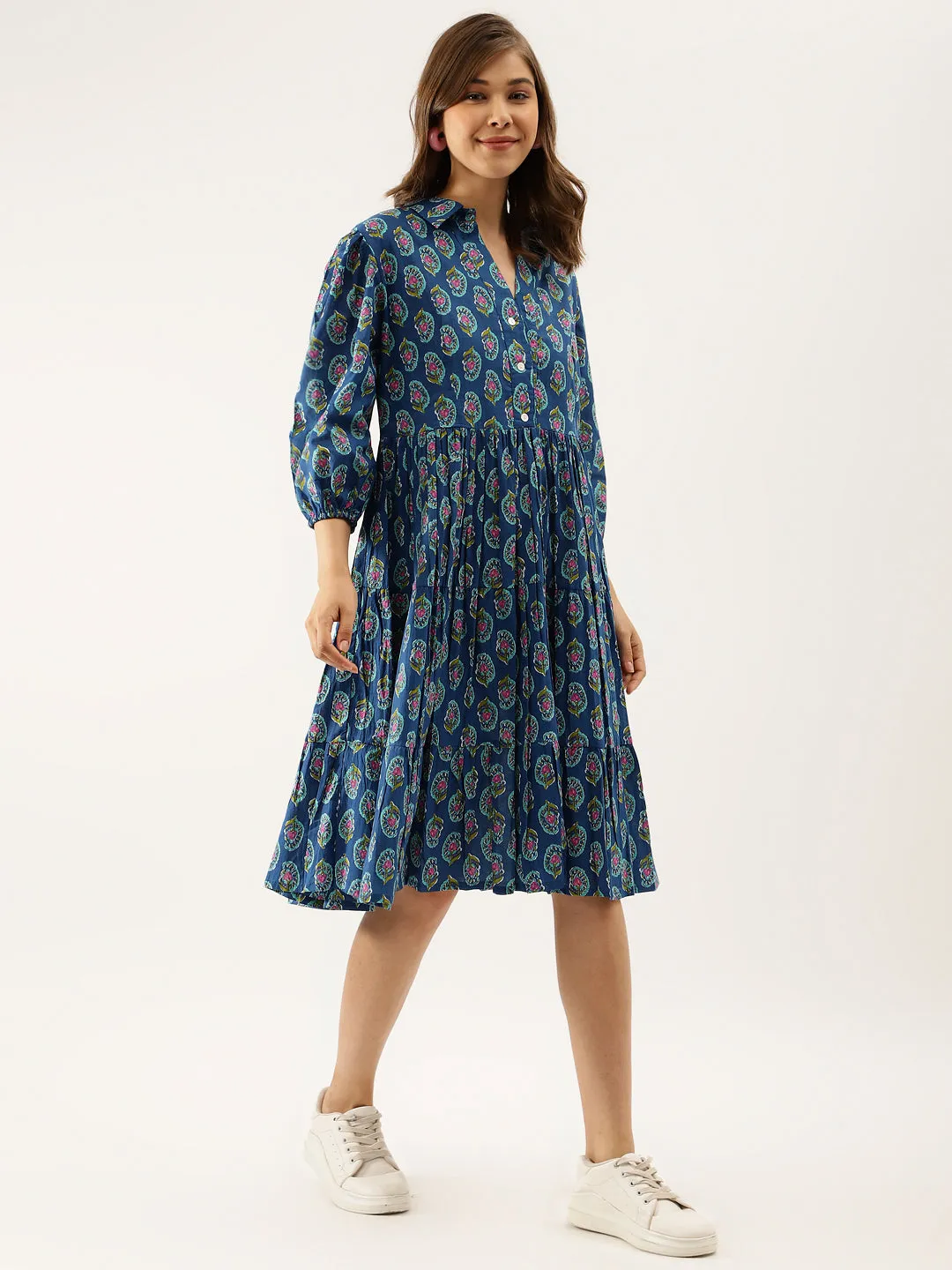 Jashvi Blue Paisley Printed Cotton Dress for Women