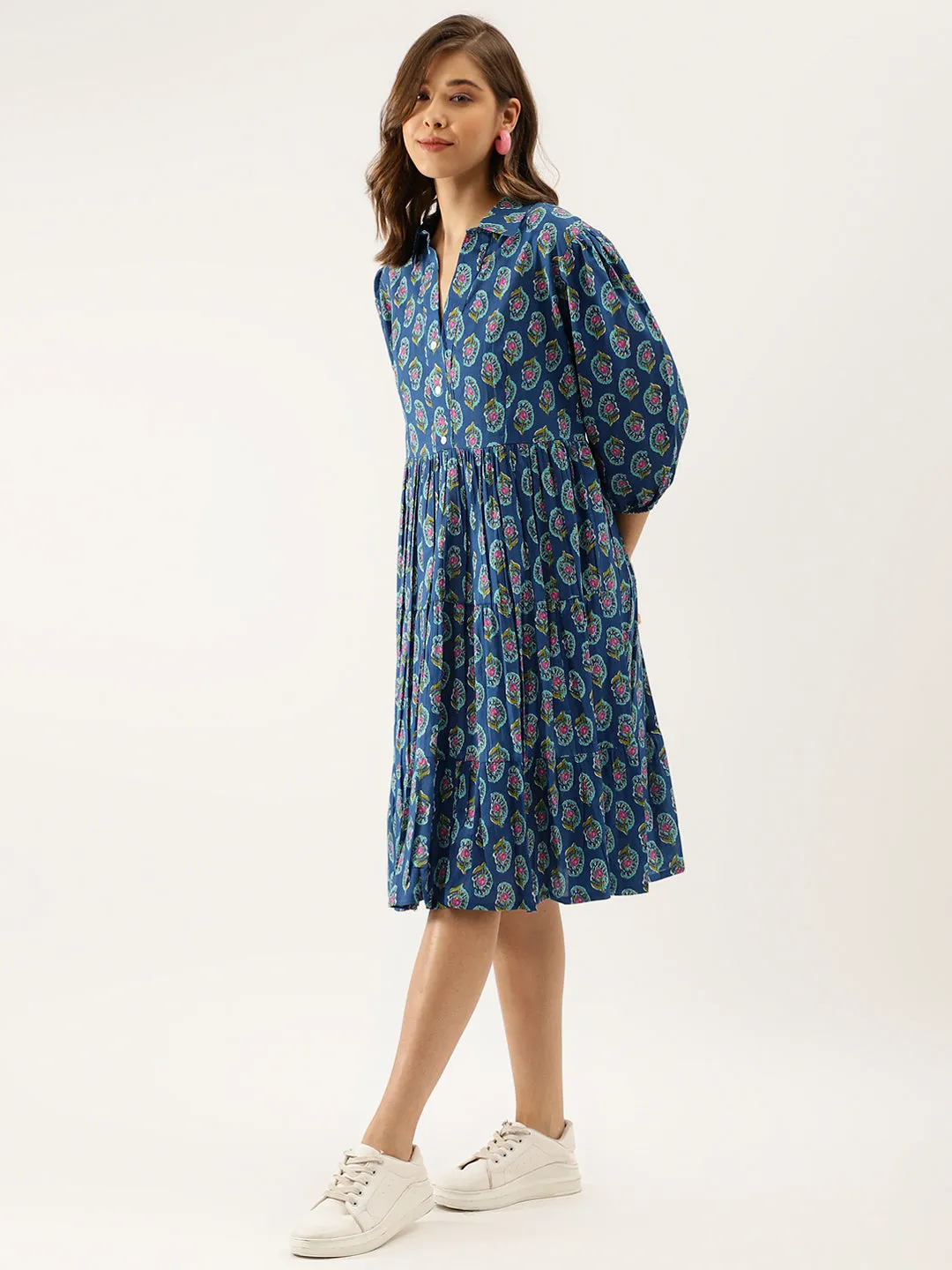 Jashvi Blue Paisley Printed Cotton Dress for Women