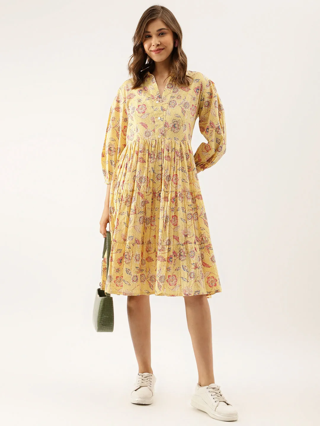 Jashvi Yellow Floral Printed Cotton Dress for Women