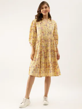 Jashvi Yellow Floral Printed Cotton Dress for Women