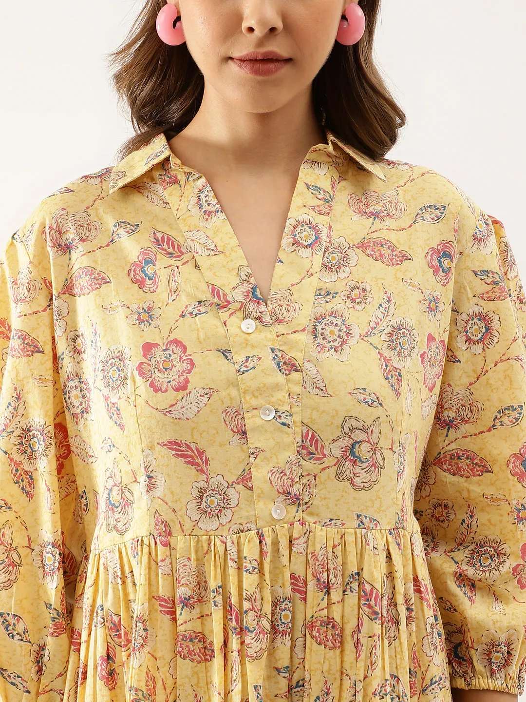 Jashvi Yellow Floral Printed Cotton Dress for Women